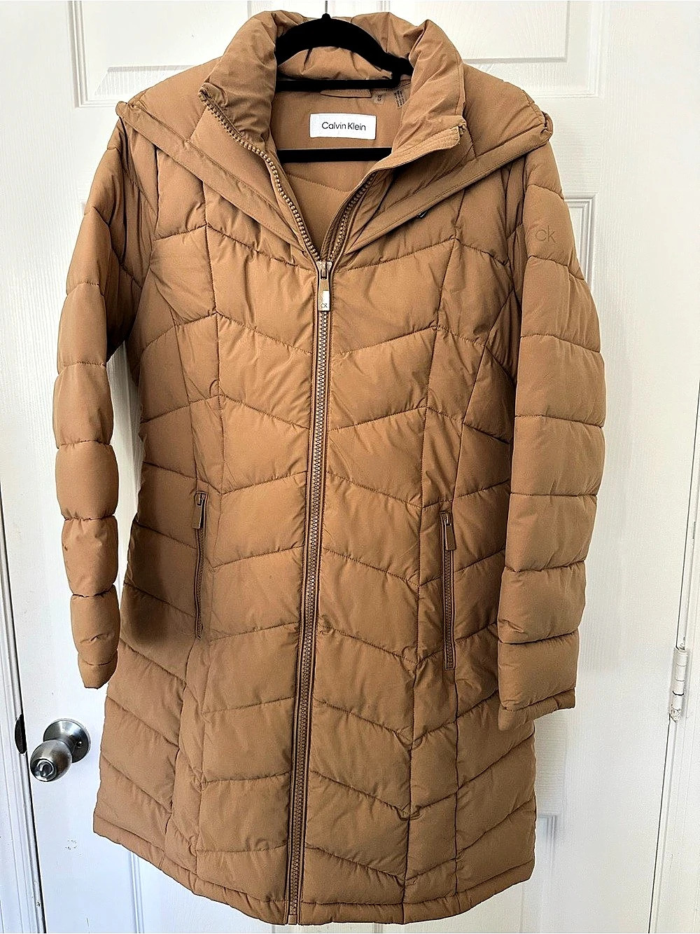 Calvin Klein Chevron Quilted Hooded Puffer Coat Brown Medium